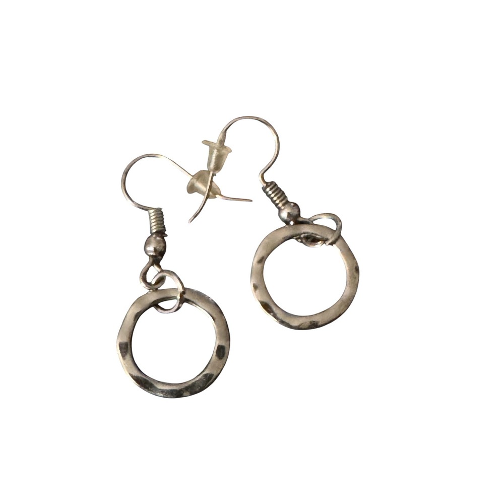 Hammered Silver Tone Circle Drop Earrings Minimalist Geometric Fishhook Dangle